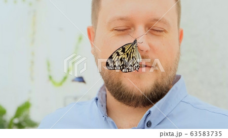 large brown butterfly sits on the nose of a male face, close-up. Copy space large brown butterfly sits on the nose of a male face, close-up. Copy space 63583735