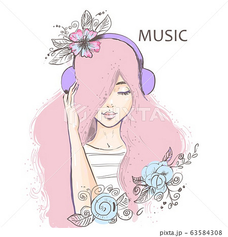 Cute cartoon girl listening to music on headphones - Stock Illustration  [63584308] - PIXTA