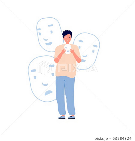Identity problems. Bipolar disorder, fake faces and emotions. Psychology, false behavior or deceiver. Man holding masks, theater and film actor vector illustration Identity problems. Bipolar disorder, fake faces and emotions. Psychology, false behavior or deceiver. Man holding masks, theater and film actor vector illustration 63584324