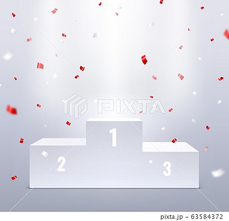 Podium and confetti. Sport pedestal for winners, 3d stairs award. Realistic trophy platform or stand. Celebration victory vector background 63584372