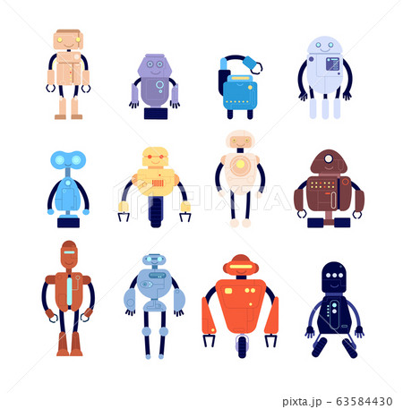 Robot characters. Cute fiction mechanical toy. Isolated technology androids for kids. Children vintage futuristic cyborg, robotic vector set 63584430