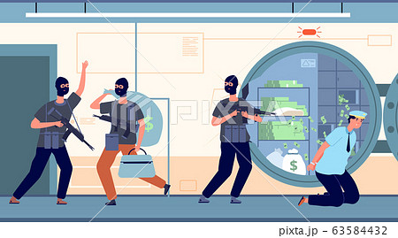 Bank robbery. Banking robbers with money. Cartoon thieves, finance crime. Protection or security financial organization vector illustration 63584432