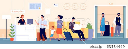 Hotel reception. Check desk, recreation people with suitcase. Hostel entrance, accommodation or registration service vector illustration 63584449
