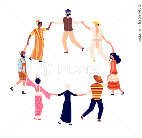 People round dance. Adults friends circle in dancing. Friendship, humans hold hand. Men women together, multicultural society vector concept People round dance. Adults friends circle in dancing. Friendship, humans hold hand. Men women together, multicultural society vector concept 63584451