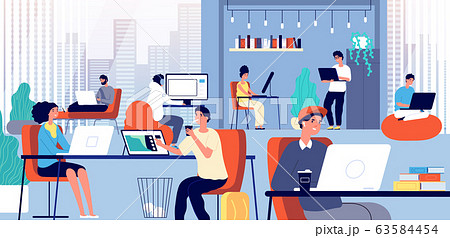 Coworking space. Smart corporate company. Meeting smiling creative people. Freelance coworkers, young businessman team vector illustration 63584454
