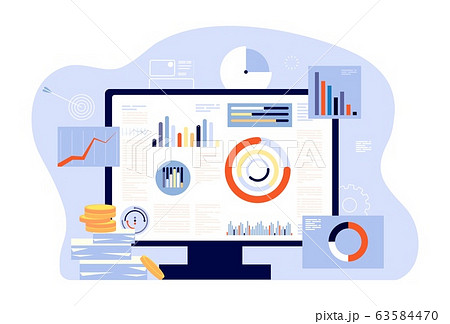 Financial report and accounting. Audit, investment success or tax reports. Computer screen, charts and graphs. Account business programm vector illustration Financial report and accounting. Audit, investment success or tax reports. Computer screen, charts and graphs. Account business programm vector illustration 63584470