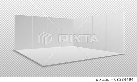 Blank display exhibition. Empty square event stand. White wall and floor. Isolated trade showroom vector mockup 63584494