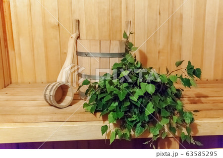 Interior details Finnish sauna steam room Interior details Finnish sauna steam room 63585295