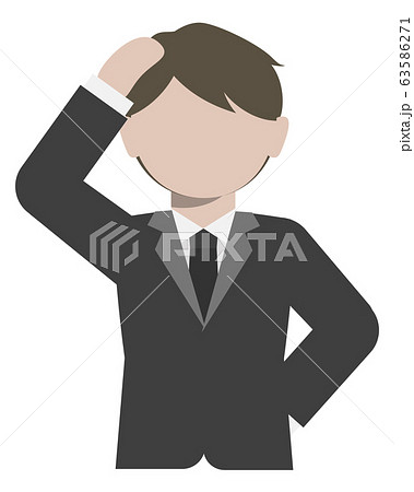 頭をさわる黒スーツ姿の男性のイラストのイラスト素材