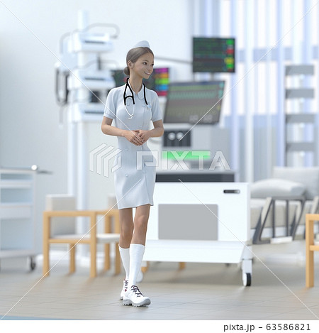ICUで仕事する若いナース　perming 3DCG イラスト素材 63586821