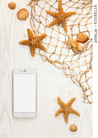 Frame of seashells and palm leaves on white wood. 63588116