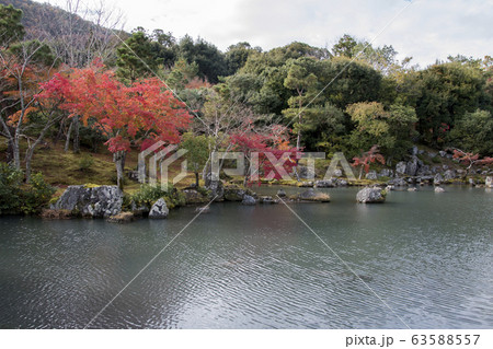 Colorful autumn park and pond with red maple trees 63588557