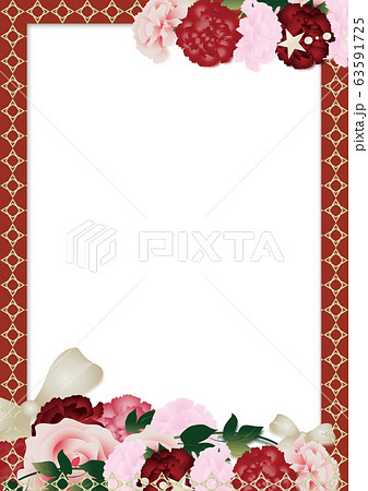 母の日カーネーションの花ととリボンアートのイラストレッドとゴールドライン縦スタイル背景素材のイラスト素材