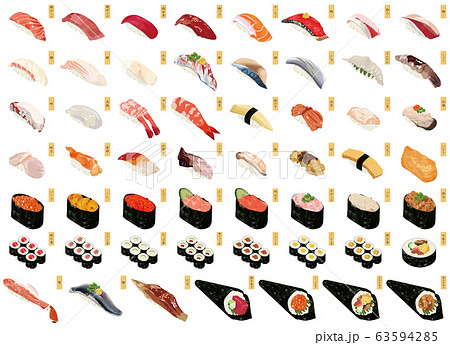 にぎり寿司50種のイラスト まぐろ サーモン うに いくら えび いか たこ のイラスト素材