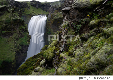 Beautiful smooth waterfall in Iceland during evening dusk 63598232