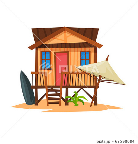 Beach Bungalow on Coast of Tropical Sea, Summer Seaside Vacation Wooden Cabin Vector Illustration Beach Bungalow on Coast of Tropical Sea, Summer Seaside Vacation Wooden Cabin Vector Illustration 63598684