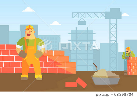 Male Builder Buiding Brick Wall, Construction Worker Character Flat Vector Illustration Male Builder Buiding Brick Wall, Construction Worker Character Flat Vector Illustration 63598704