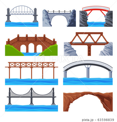 Various Bridges Collection, Urban Architecture Design Elements, Iron, Wooden and Stone Bridges Flat Vector Illustration 63598839