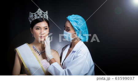 Miss Beauty Queen Pageant Contest with Diamond crown sash is checked up by Beautician Doctor and recommend consult before Plastic Surgery, skin treatment, adjust face cheek bone rhinoplasty eyes lips 63599037