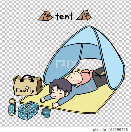 Father and baby (girl) carrying baby on their backs in a tent Father and baby (girl) carrying baby on their backs in a tent 63599738
