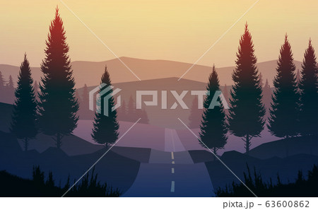 Natural pine trees forest. Mountains horizon hills and the route. Sunrise and sunset. Landscape wallpaper. Illustration vector style. Colorful view background. Natural pine trees forest. Mountains horizon hills and the route. Sunrise and sunset. Landscape wallpaper. Illustration vector style. Colorful view background. 63600862