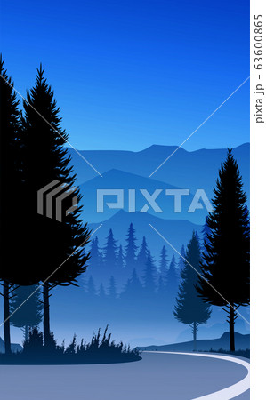 Natural pine trees forest. Mountains horizon hills and the route. Sunrise and sunset. Landscape wallpaper. Illustration vector style. Colorful view background. Natural pine trees forest. Mountains horizon hills and the route. Sunrise and sunset. Landscape wallpaper. Illustration vector style. Colorful view background. 63600865