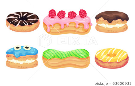 Glazed Doughnuts and Eclair Made from Choux Pastry Vector Set Glazed Doughnuts and Eclair Made from Choux Pastry Vector Set 63600933