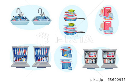 Clean and Dirty Dishes Piled in Kitchen Sink and Dishwashing Machine Vector Set 63600955