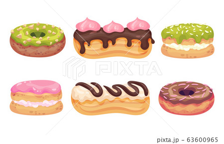 Glazed Doughnuts and Eclair Made from Choux Pastry Vector Set Glazed Doughnuts and Eclair Made from Choux Pastry Vector Set 63600965