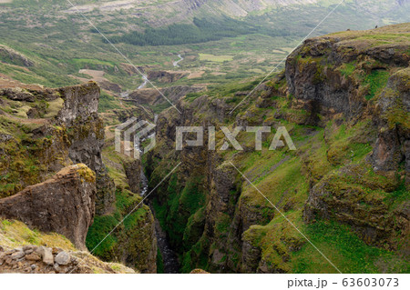 Botsna river canyon. Amazing green landscape of Icelandic Canyon. Fantastic misty weather, seagulls soaring over cliffs 63603073