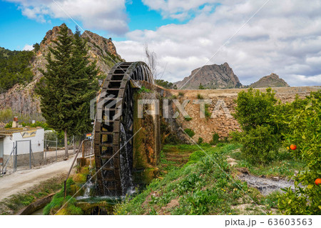 Ancient arabic mill, water noria at Abaran village in Murcia region Spain Europe 63603563