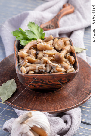 Ceramic bowl full of pickled forest honey agarics on grey napkin on grey wooden table. Fermented food. Marinated mushrooms are valuable source of protein. Sustainable nutrition. Vertical orientation. Ceramic bowl full of pickled forest honey agarics on grey napkin on grey wooden table. Fermented food. Marinated mushrooms are valuable source of protein. Sustainable nutrition. Vertical orientation. 63604334