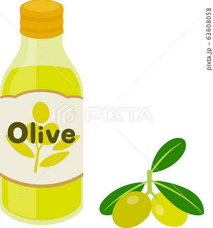 オリーブオイルのビンとオリーブの実のイラスト素材