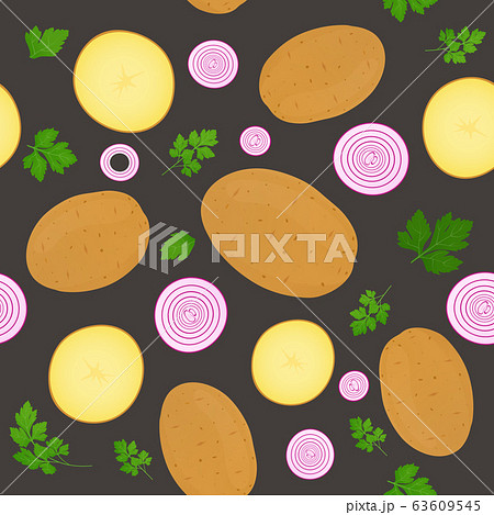 Whole potatoes and potato slices isolated on dark 63609545