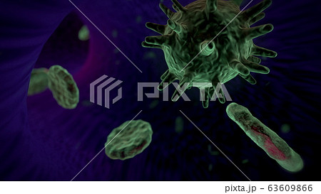 Red blood cells with viruses under the microscope . Virus infection illustration. Blood poisoning. Large round bacteria. Red blood cells with viruses under the microscope . Virus infection illustration. Blood poisoning. Large round bacteria. 63609866