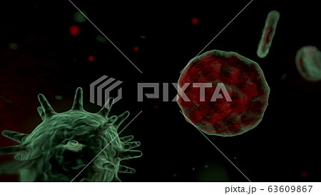 Red blood cells with viruses under the microscope . Virus infection  illustration. Blood poisoning. Large round bacteria. 63609867