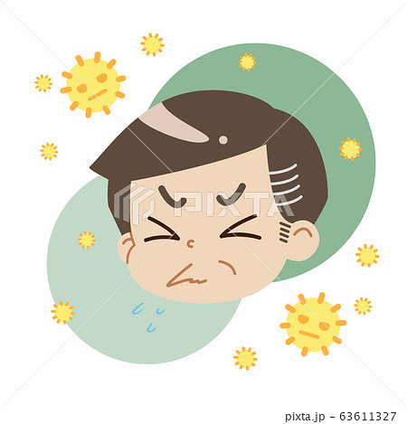 花粉症でクシャミが出ている中年男性と花粉のイラスト 主線無し のイラスト素材