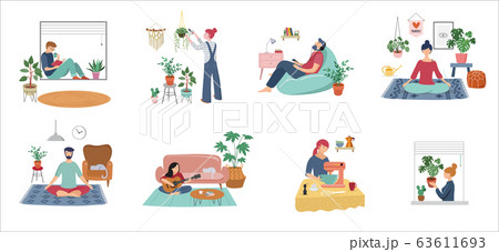 Quarantine, stay at home concept series - people sitting at their home, room or apartment 63611693