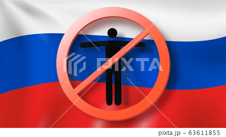 Warning sign with crossed out man on a background Russian flag. Warning sign with crossed out man on a background Russian flag. 63611855