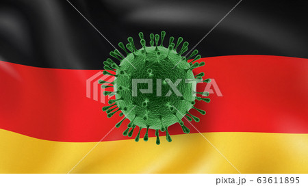 Model of Coronavirus on the background of German flag. 63611895