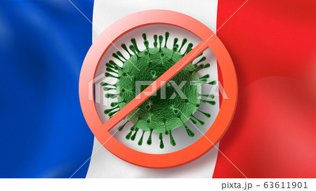 Warning sign with crossed out Coronavirus molecule on the background of French flag. Warning sign with crossed out Coronavirus molecule on the background of French flag. 63611901