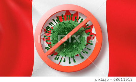 Warning sign with crossed out Coronavirus bacteria on the background of Canadian flag. 63611915