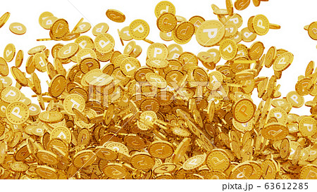 Pの文字 ポイントの頭文字 が刻印されたたくさんの金貨の写真素材