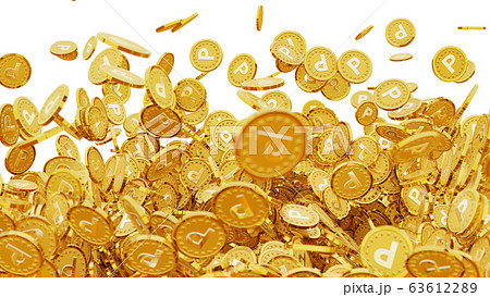 Pの文字 ポイントの頭文字 が刻印されたたくさんの金貨の写真素材
