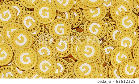 Gの文字(ゴールドの頭文字)が刻印されたたくさんの金貨 Gの文字(ゴールドの頭文字)が刻印されたたくさんの金貨 63612328