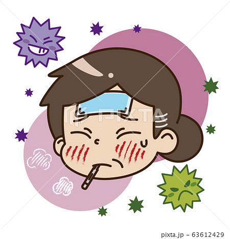 熱が出ている中年女性とウイルスのイラストのイラスト素材