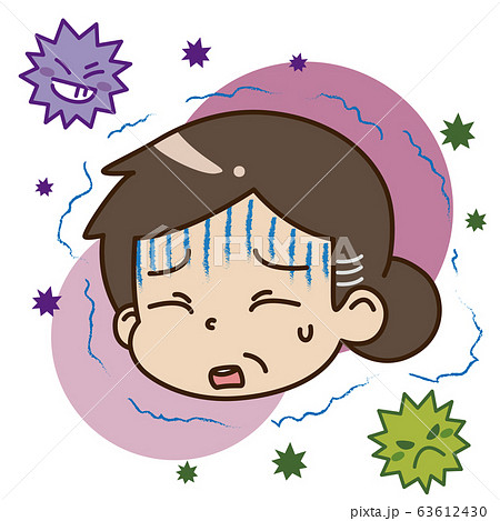 寒気・悪寒を感じている中年女性とウイルスのイラスト 寒気・悪寒を感じている中年女性とウイルスのイラスト 63612430
