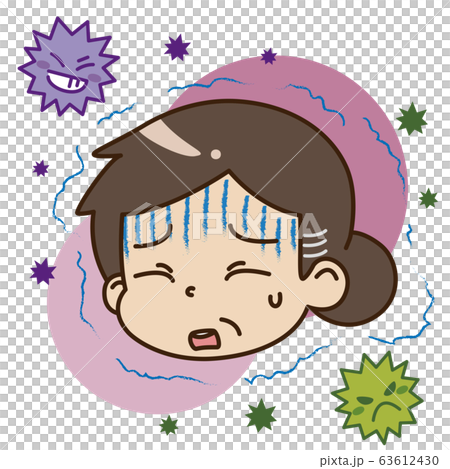 寒気・悪寒を感じている中年女性とウイルスのイラスト 寒気・悪寒を感じている中年女性とウイルスのイラスト 63612430