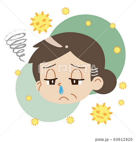 花粉症で鼻水が出ている中年女性と花粉のイラスト 主線無し のイラスト素材