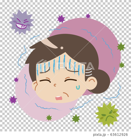 寒気・悪寒を感じている中年女性とウイルスのイラスト(主線無し) 寒気・悪寒を感じている中年女性とウイルスのイラスト(主線無し) 63612926